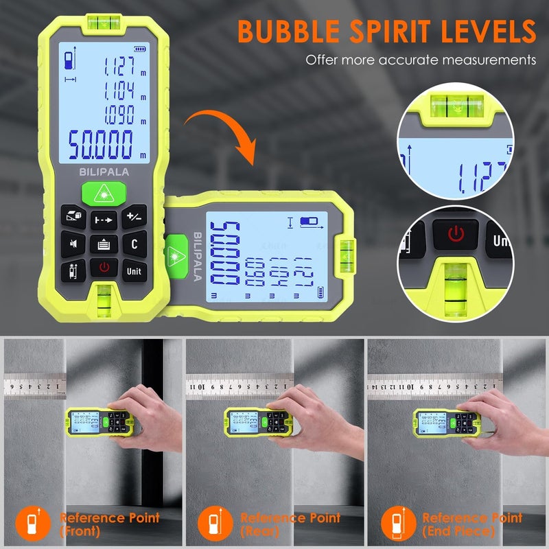 Bilipala Laser Distance Measuring Tool, 50M/165ft Laser Measure, ±2mm Accuracy Laser Distance Meters with Backlit LCD, Measuring Distance, Area, Volume, Pythagorean Mode for Indoor/Outdoor Use(Green Laser) - Image 2